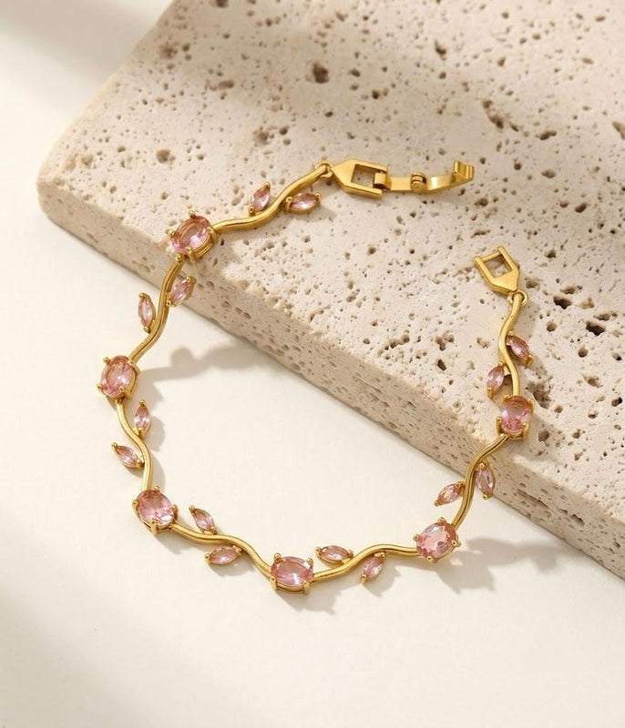 Tulip Vine Bracelet in Pink — 18K gold plated stainless steel with blush pink crystal stones
