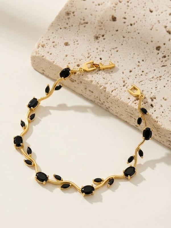 Tulip Vine Bracelet in Black — 18K gold plated stainless steel with black crystal stones