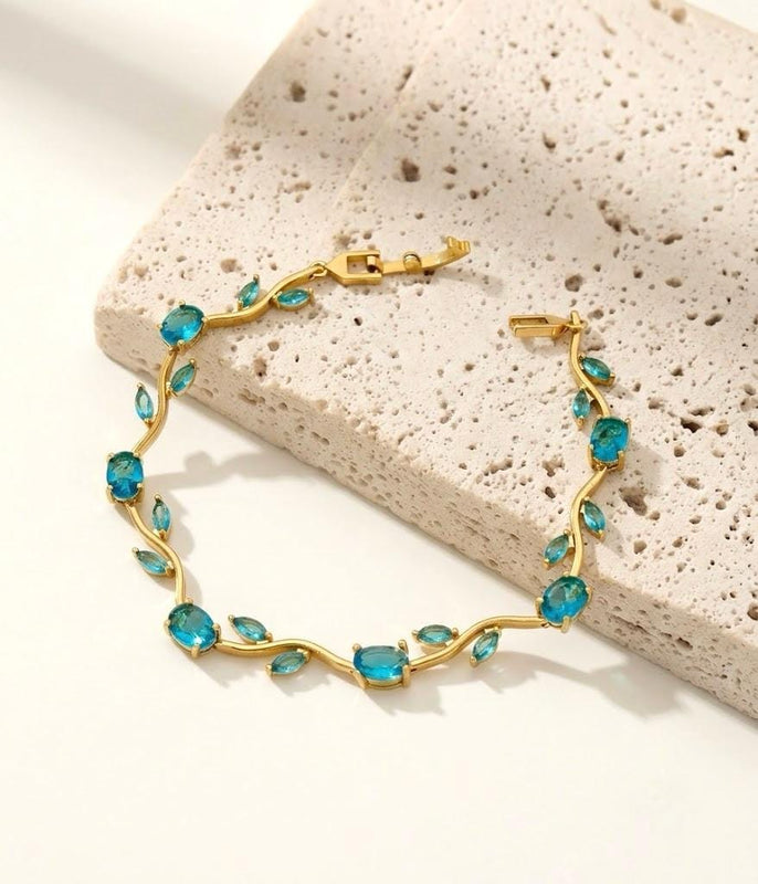 Tulip Vine Bracelet in Teal — 18K gold plated stainless steel with teal crystal stones