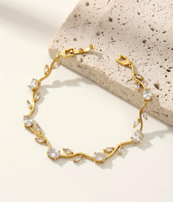 Tulip Vine Bracelet in Crystal White — 18K gold plated stainless steel with clear crystal stones