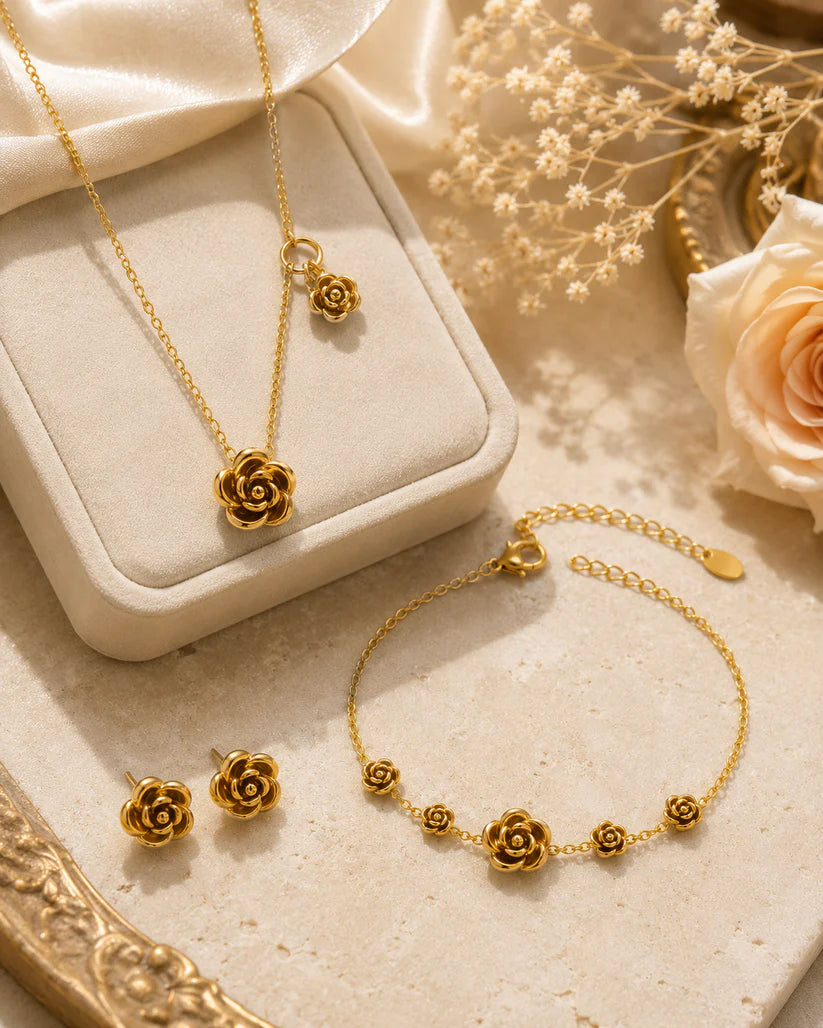 Gold Rose Jewelry Set - Earrings Necklace Bracelet