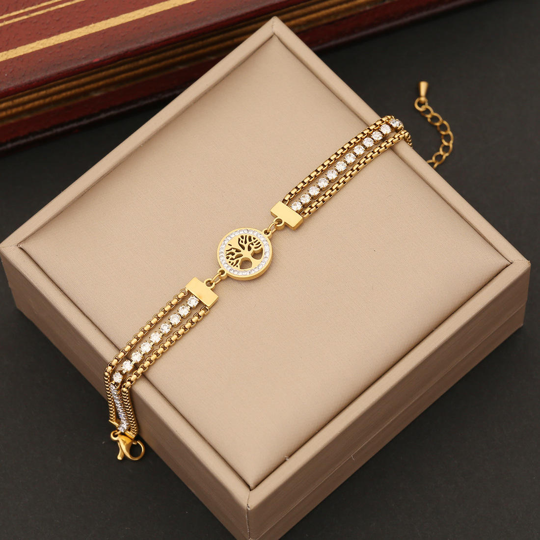 Tree of Life Crystal Double Box Chain Bracelet Gold