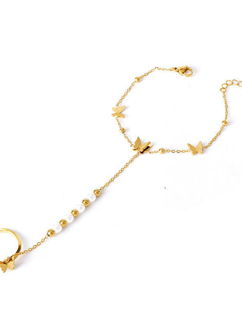 Butterfly & Pearl Hand Chain Ringlet - 18K gold-plated stainless steel jewelry