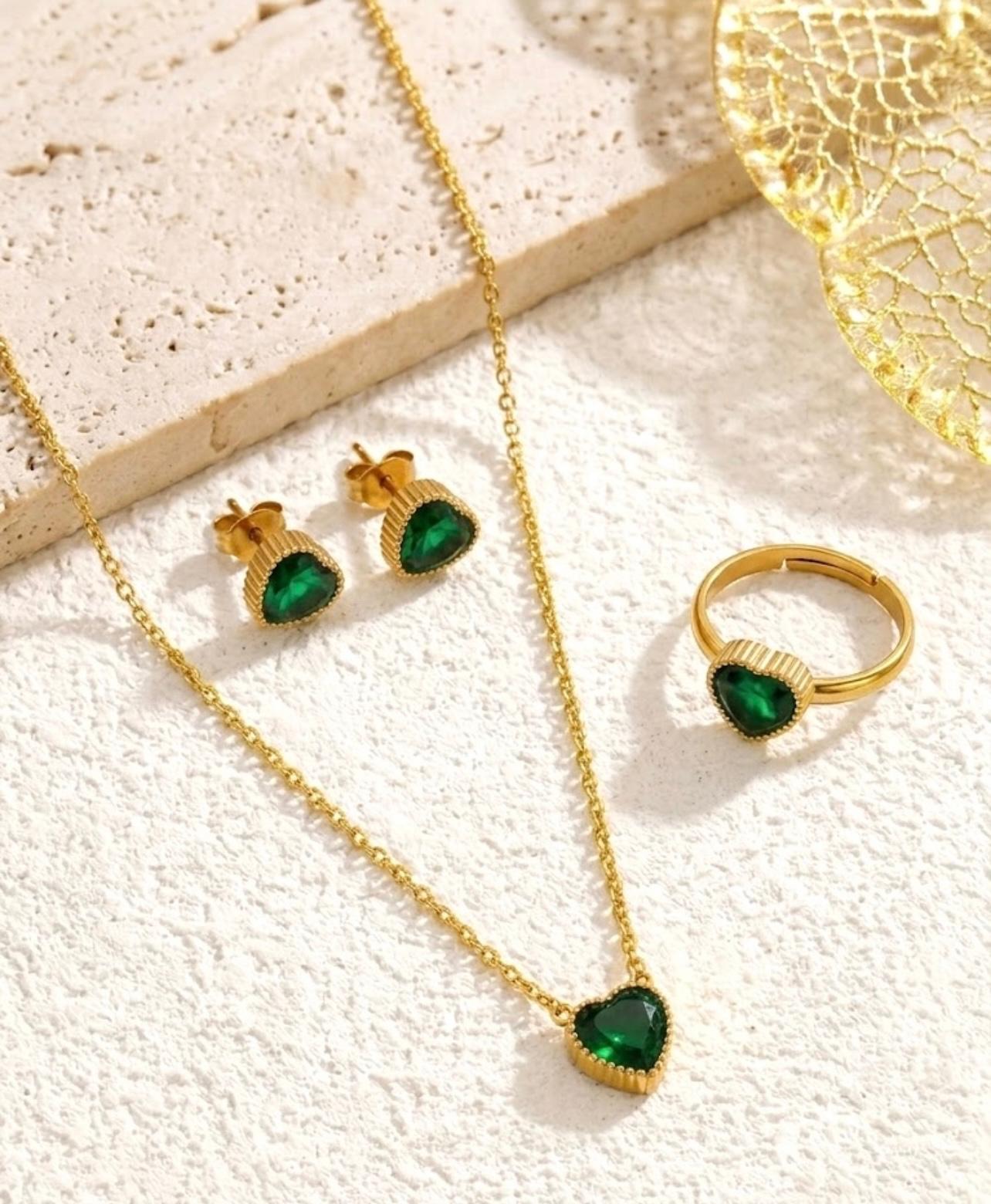 Crystal Heart Jewelry Set - Emerald Green