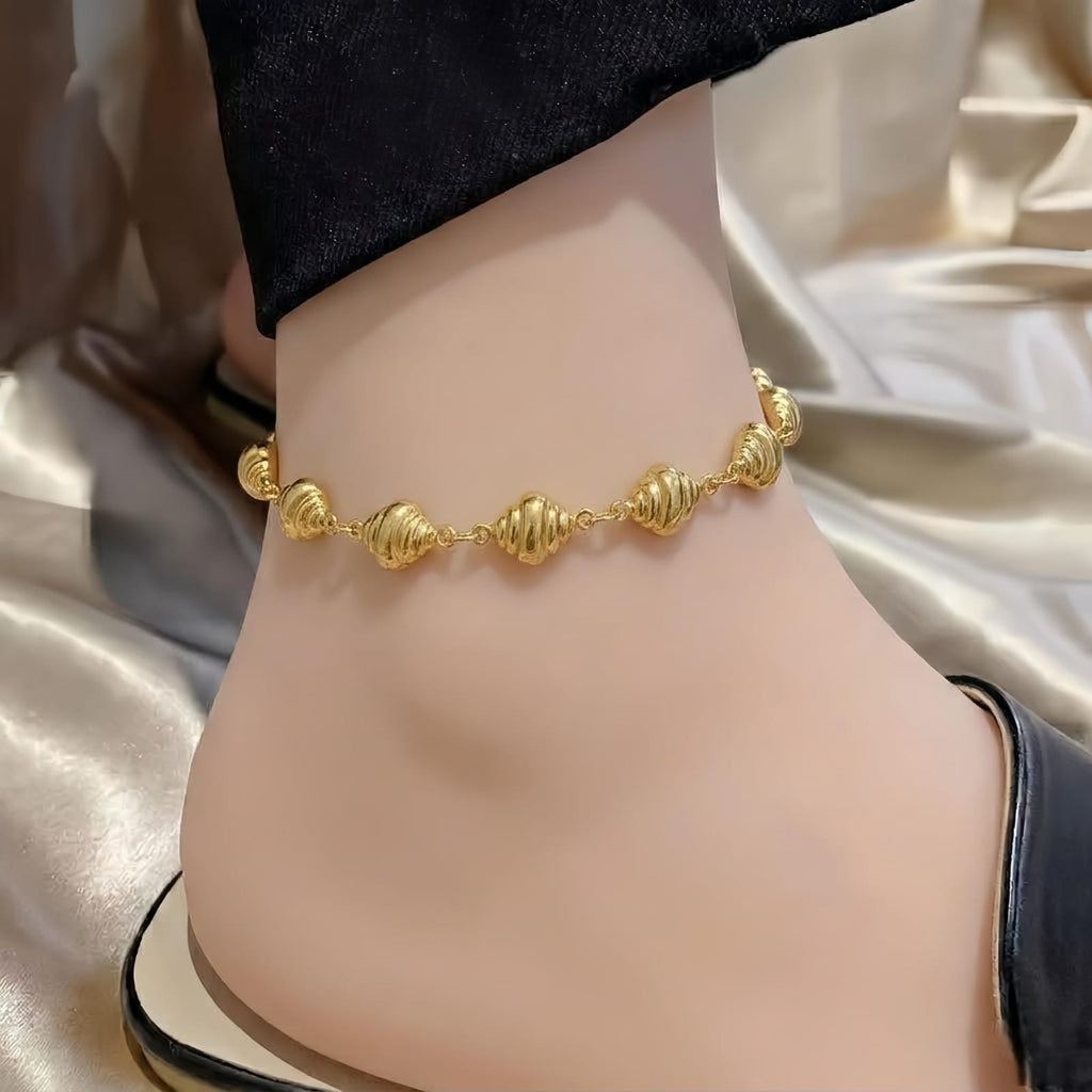 Gold Twisted Bead Anklet - On Ankle