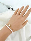 Pearl Strand & Gold Clover Charm Double Layer Bracelet