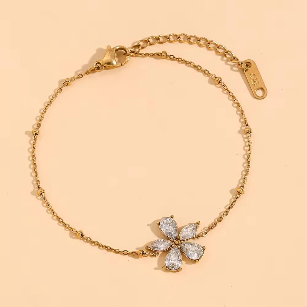 Crystal Flower Charm Satellite Chain Bracelet Gold