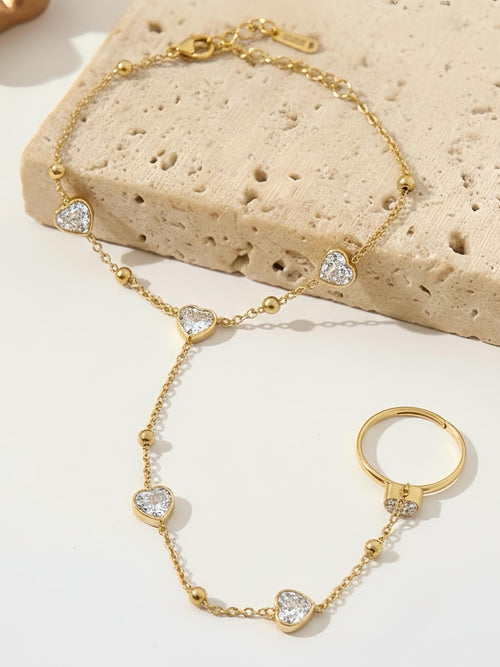 Heart Crystal Hand Chain Ringlet - 18K gold-plated stainless steel jewelry