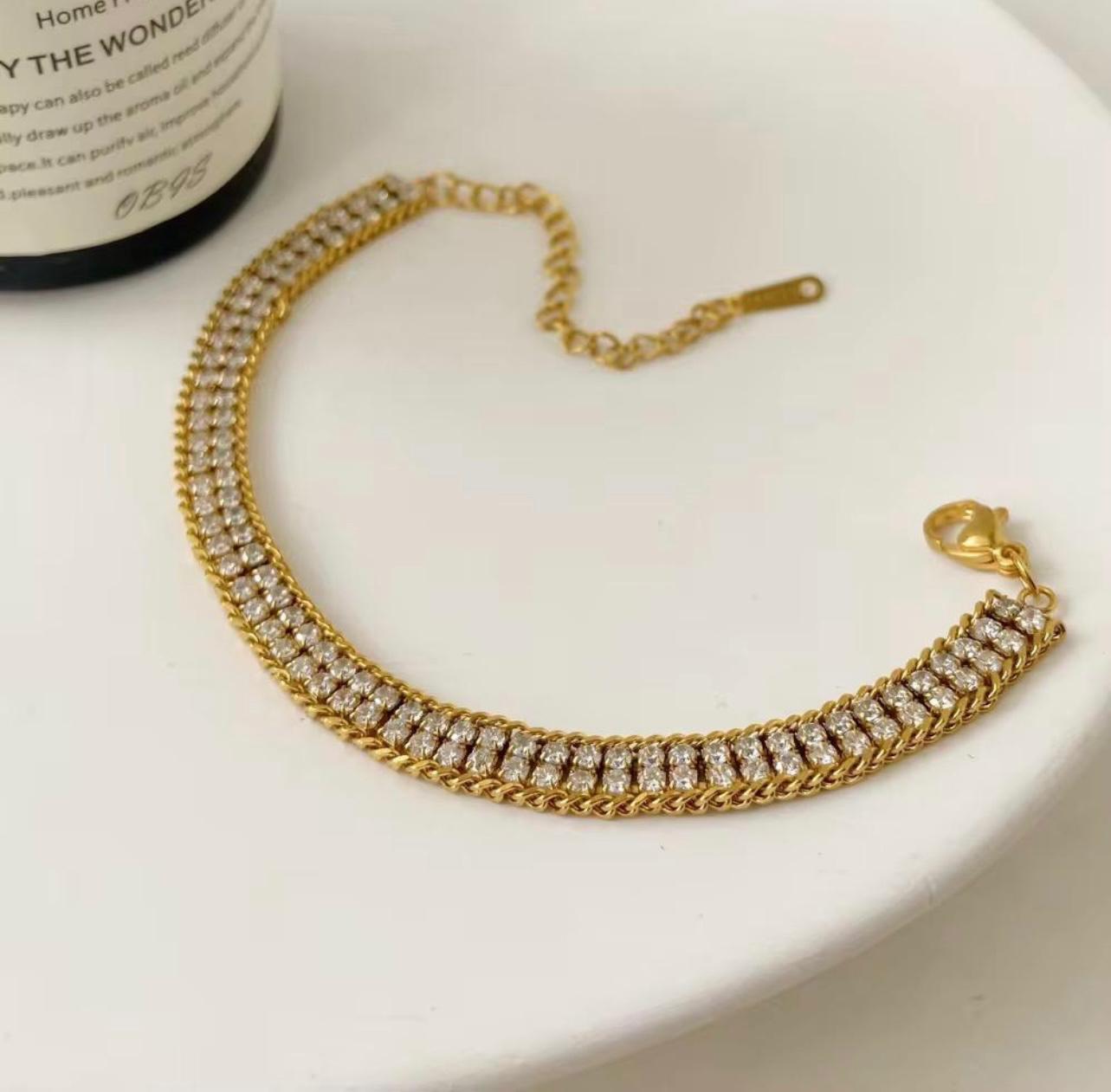Wide Double-Row Crystal Tennis Curb Edge Bracelet Gold