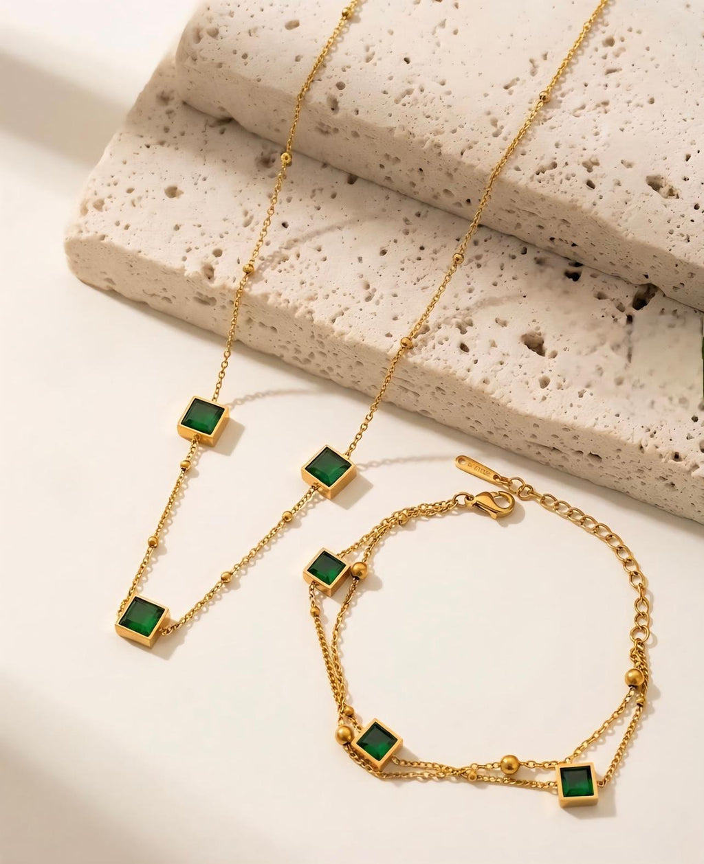 Triple Square Crystal Station Bracelet - Emerald Green