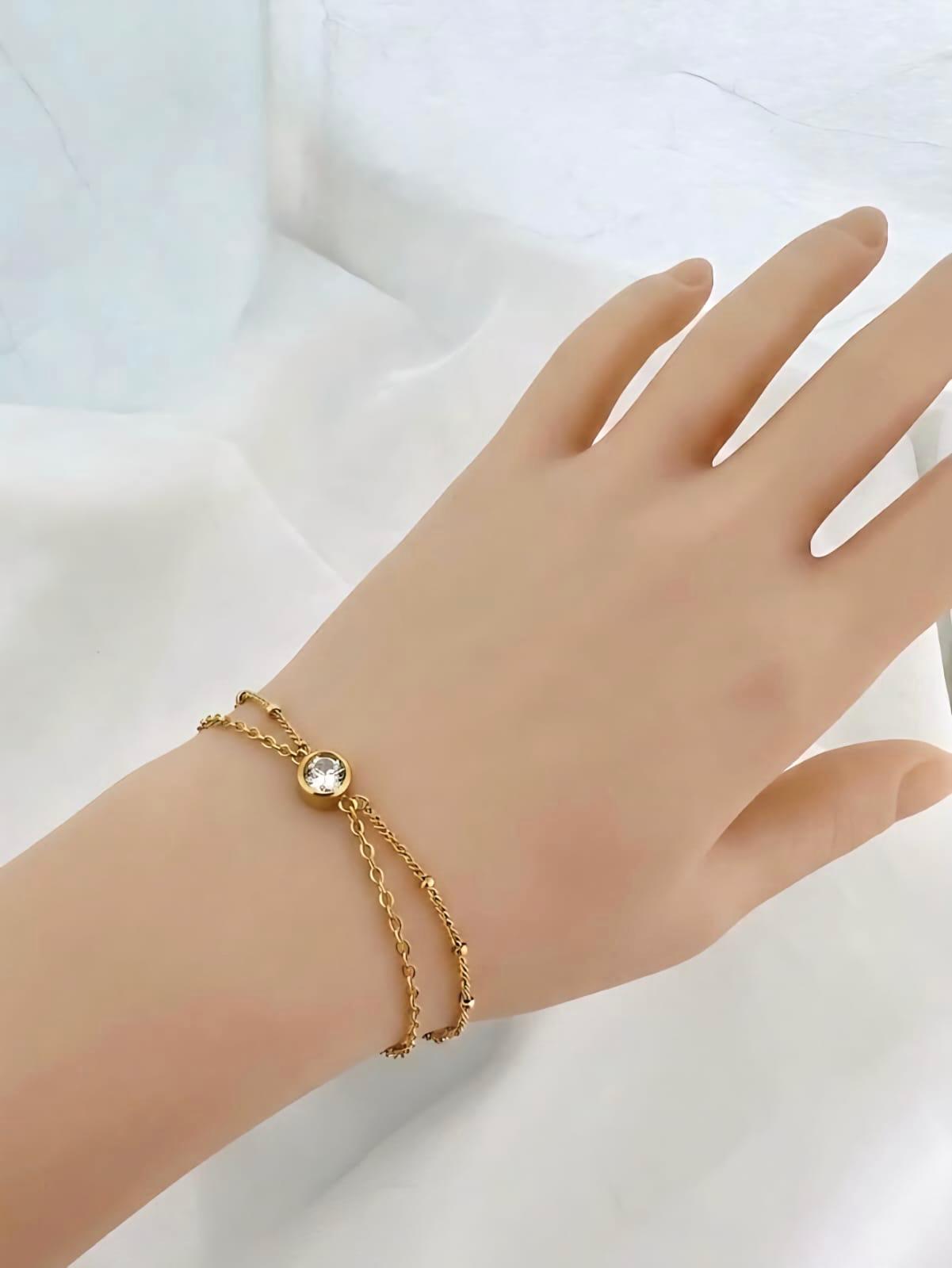 Double Chain Single Bezel Crystal Bracelet Gold