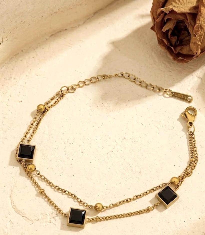 Double Layer Square Crystal Station Bracelet - Emerald Green