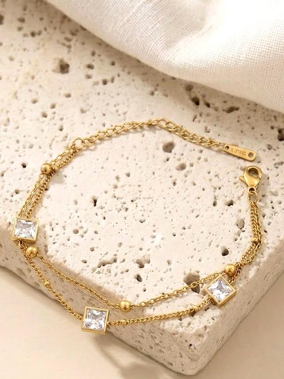 Double Layer Square Crystal Station Bracelet - Black