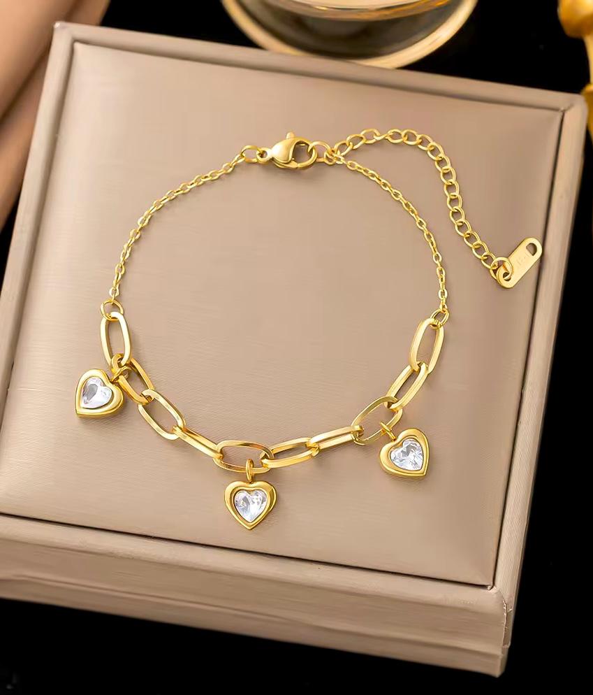 Triple Heart Charm Paperclip Bracelet - Crystal White