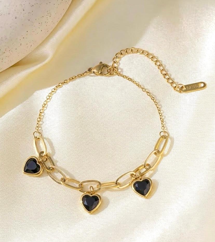 Triple Heart Charm Paperclip Bracelet - Crystal White Box