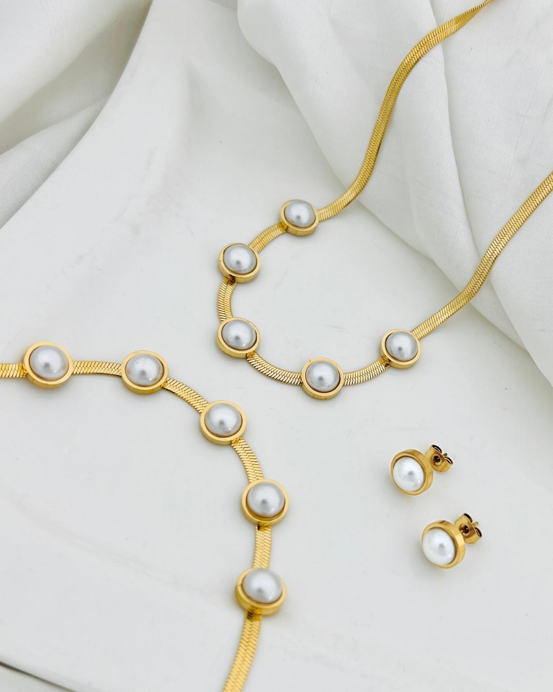 Pearl Station Herringbone Set - Necklace Bracelet Earrings