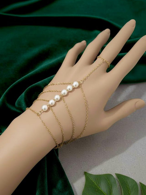 Multi-Strand Pearl Hand Chain Ringlet - 18K gold-plated stainless steel jewelry