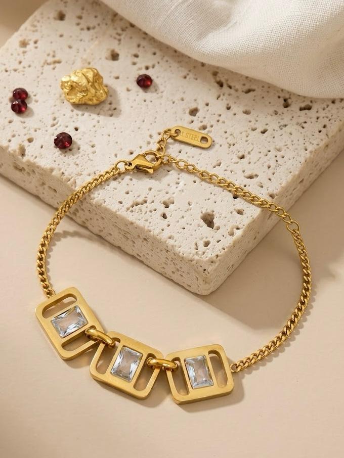 Linked Open Square Frame Baguette Crystal Bracelet Gold