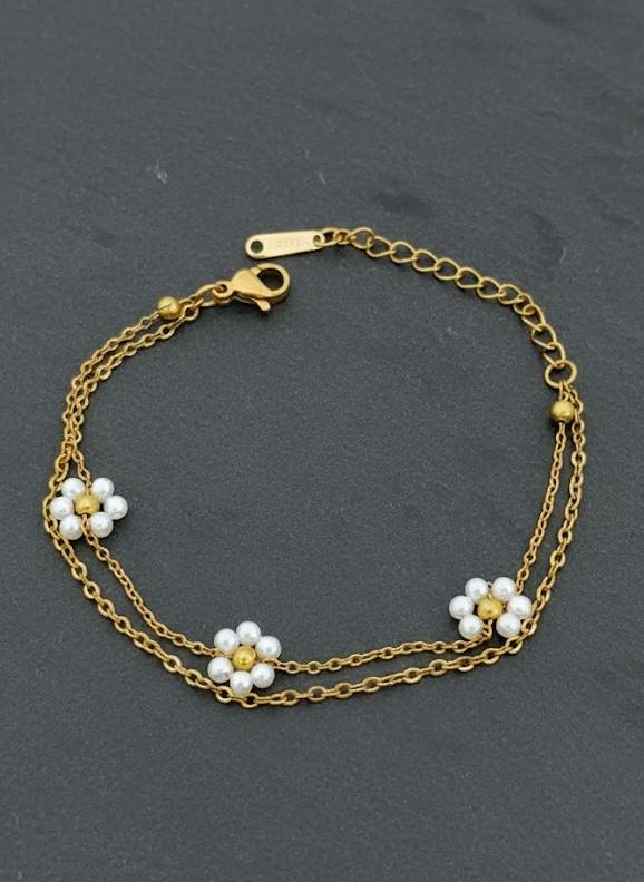 Colourful Beaded Flower Charm Double Layer Bracelet Gold - Colours May Vary
