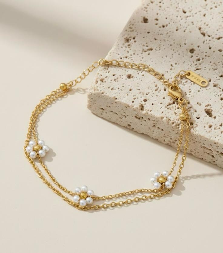 Double Layer Pearl Flower Cluster Station Bracelet Gold