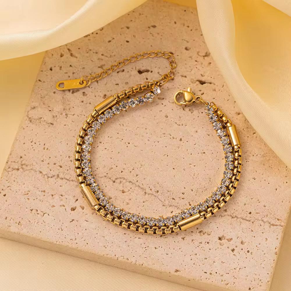 Double Layer Crystal Tennis & Box Chain Bracelet - Gold flatlay