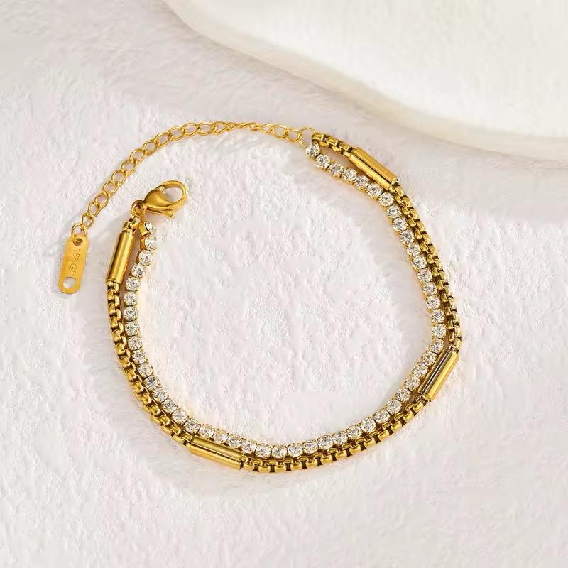 Double Layer Crystal Tennis & Box Chain Bracelet - Gold