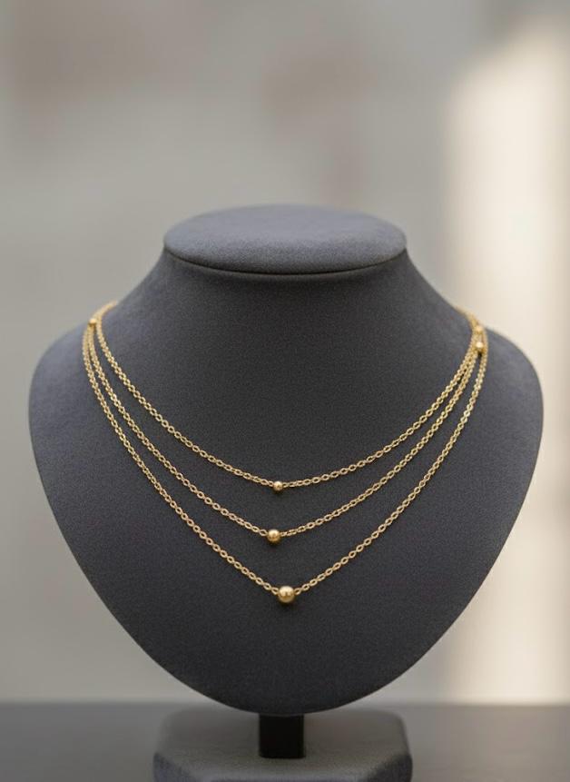 Triple Layer Gold Bead Station Necklace
