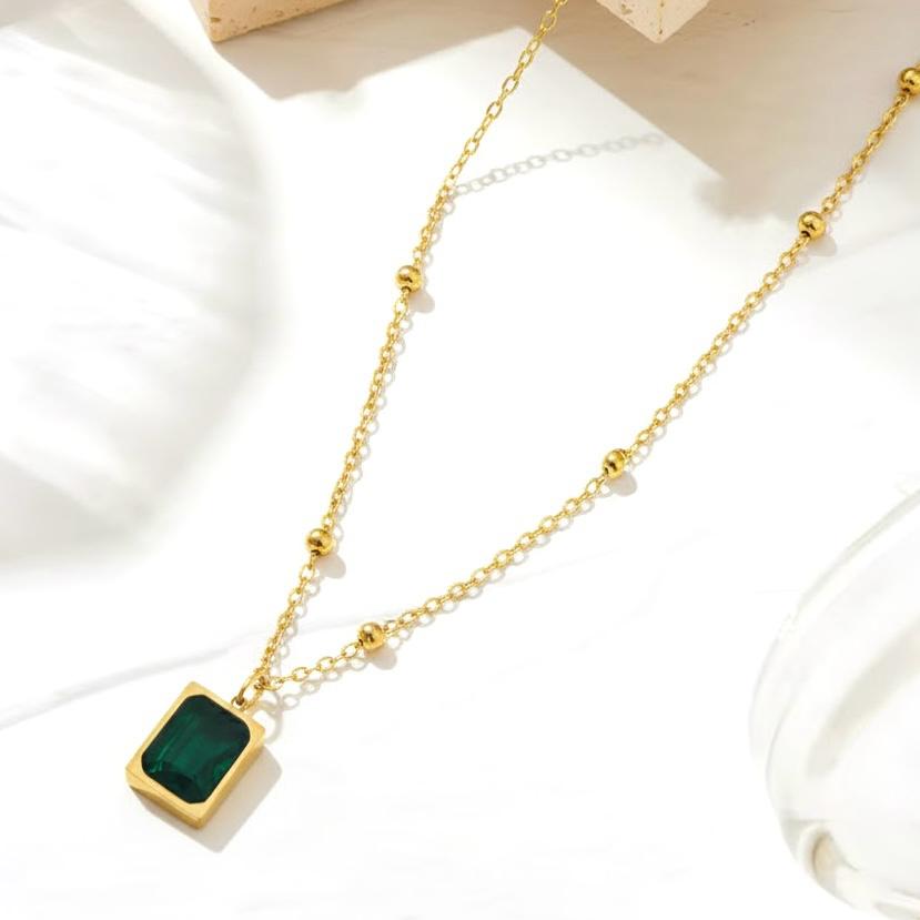 Gemstone Square Pendant Necklace - Emerald Green