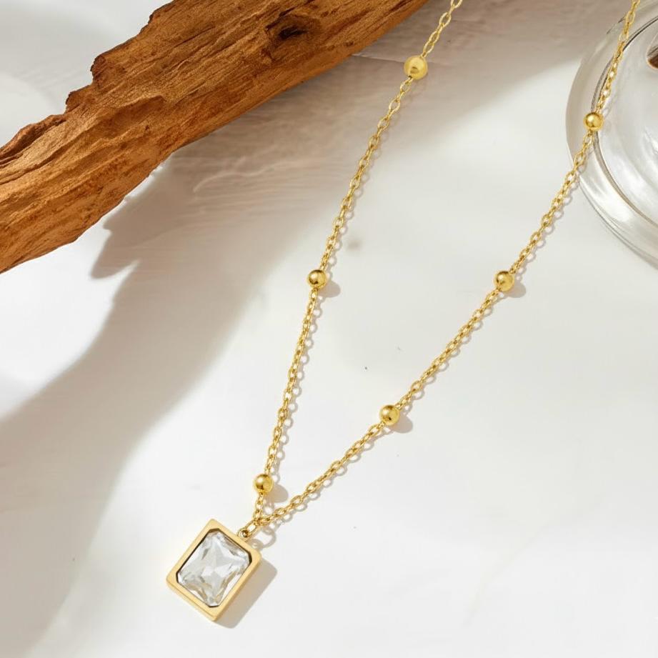 Gemstone Square Pendant Necklace - Crystal White