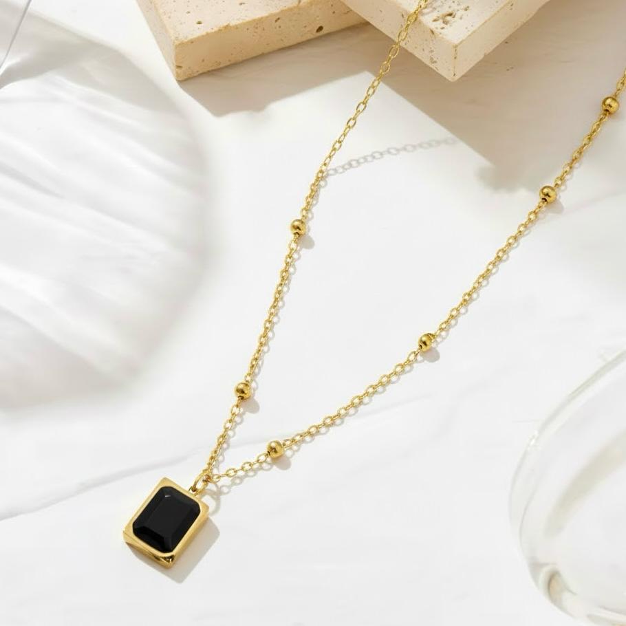 Gemstone Square Pendant Necklace - Jet Black