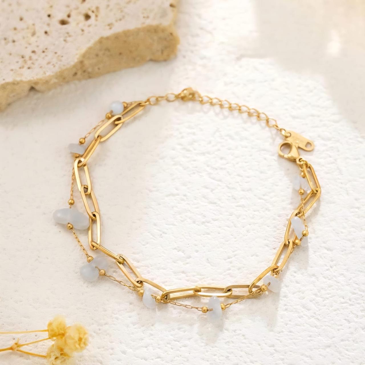 Moonstone Chip Double Chain Bracelet - Lifestyle