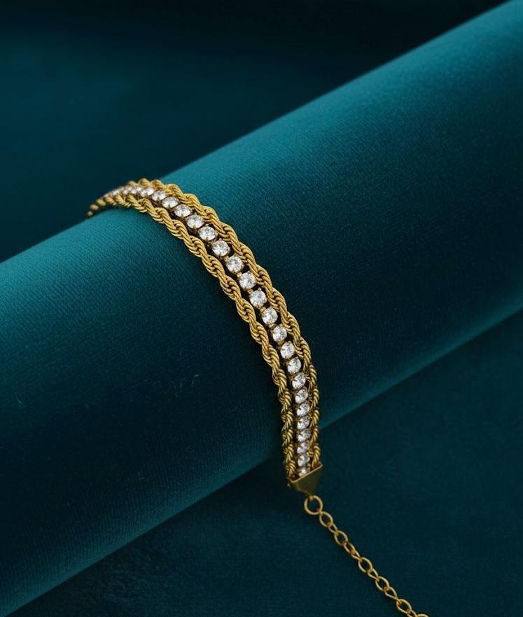 Crystal Tennis & Double Rope Chain Bracelet Gold