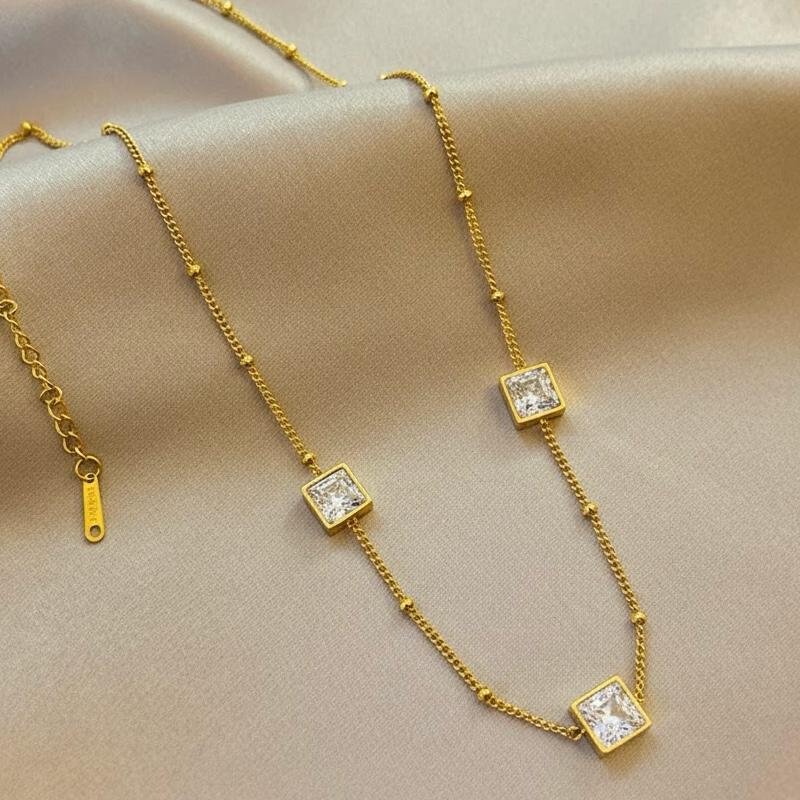 Triple Square Crystal Station Necklace - Emerald Green