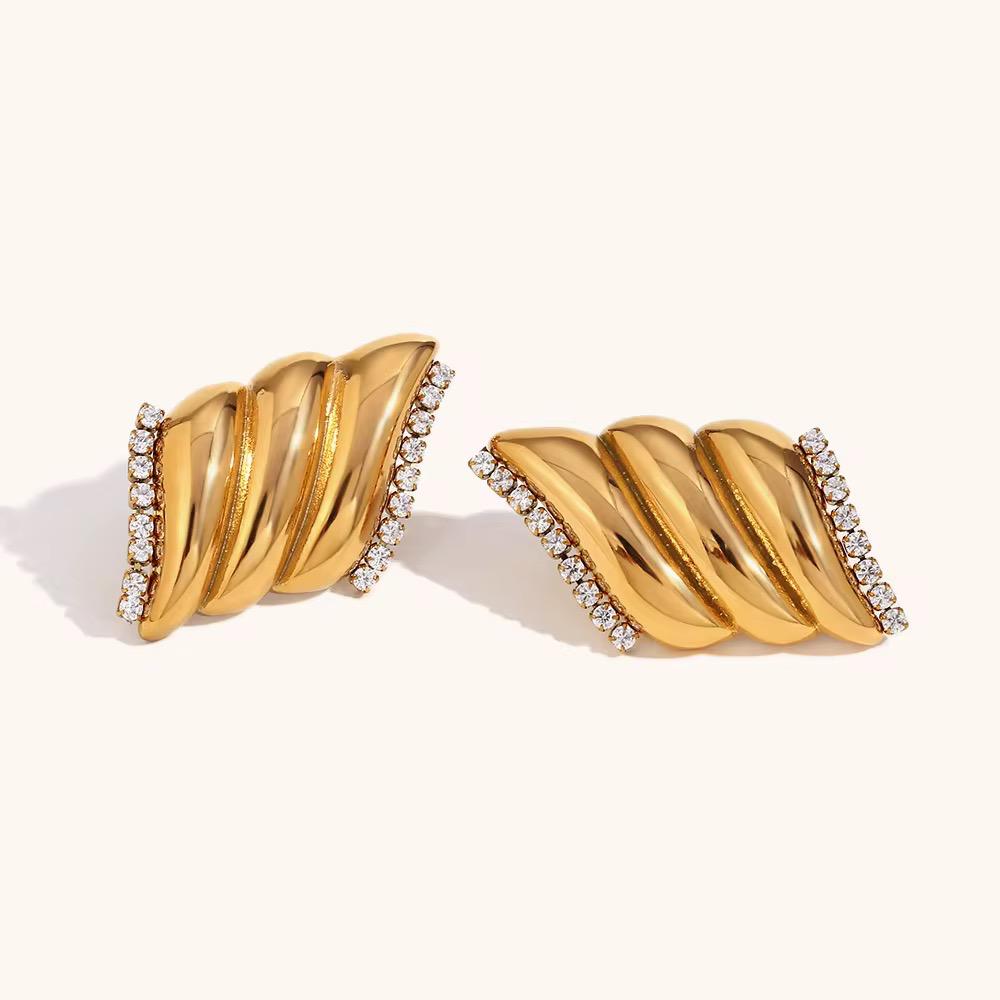 Twisted Ribbed Crystal Edge Stud Earrings - Product Shot