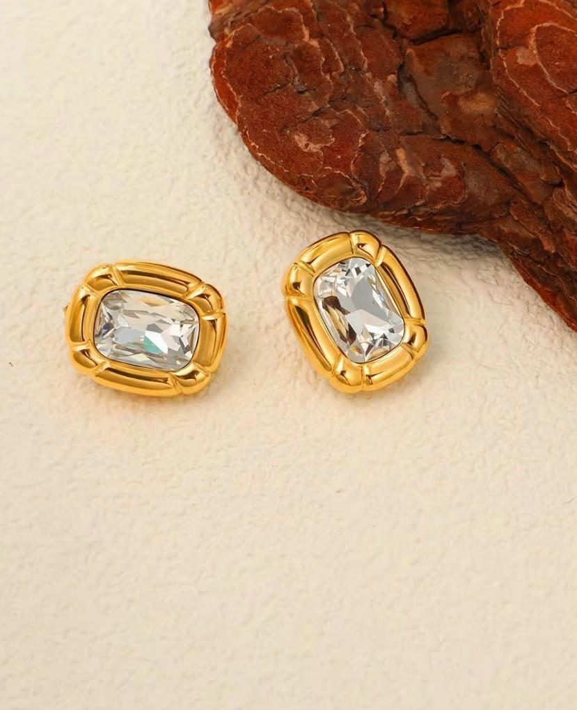 Cushion Crystal Stud Earrings — 18K gold plated, lifestyle shot