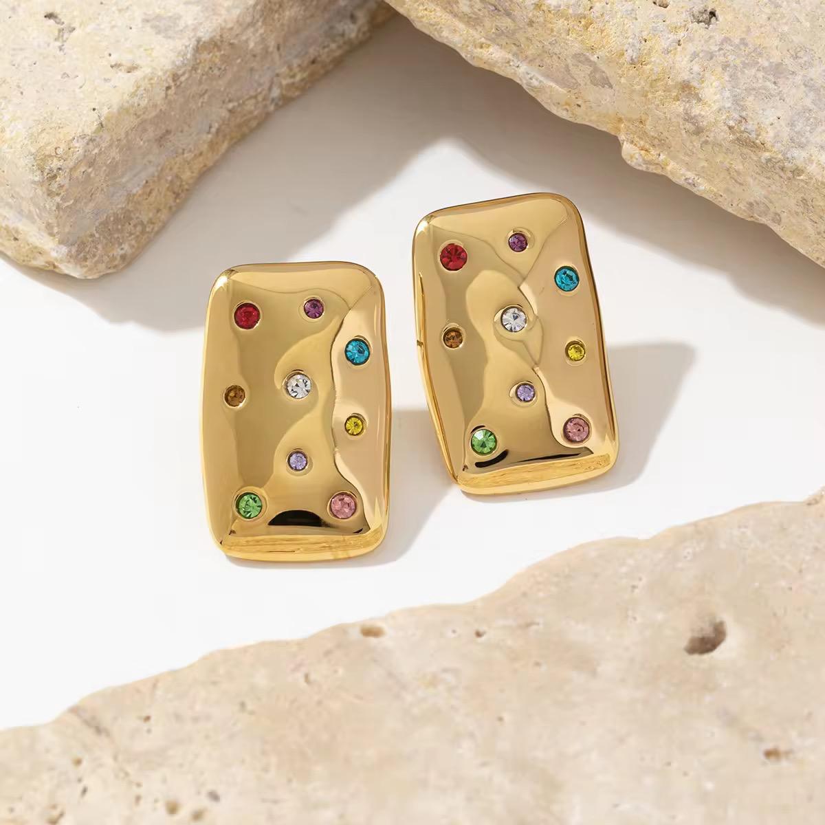 Rainbow Crystal Rectangle Stud Earrings - 18K Gold Plated